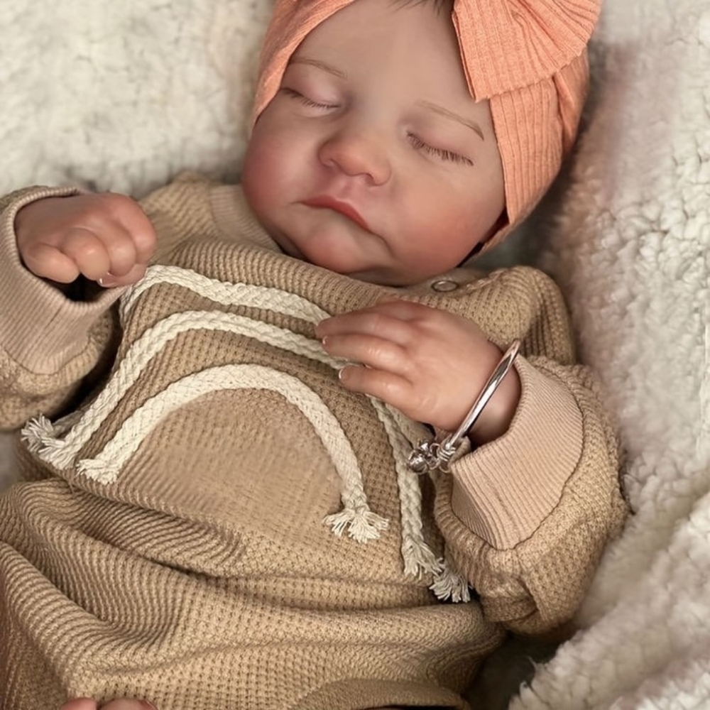 Adorable Baby Doll in Beige Outfit with Pink Headband